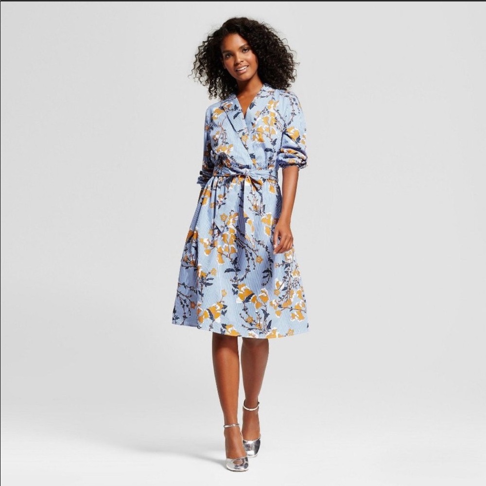 WHO WHAT WEAR  floral striped shirt wrap dress